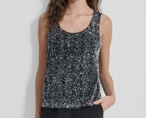 Canotta donna DKNY nera argento paillettes foderata scollo a scoop senza maniche taglia XS - Foto 1 di 3