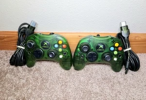 Pair of 2 Original Xbox Controllers Wired Halo Green S-Type Clear Genuine OEM VG - Picture 1 of 4