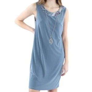 R&M RICHARDS Petites Jersey Sleeveless Steel Blue Sheath Dress Womens 12P - Picture 1 of 12