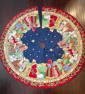 Vintage Handmade Christmas Tree Skirt 57” Nativity Scene Peace on Earth Good Wil - Picture 1 of 7