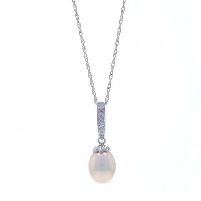White Gold Cultured Pearl & Diamond Pendant Necklace 18" - 14k - Image 1 of 4