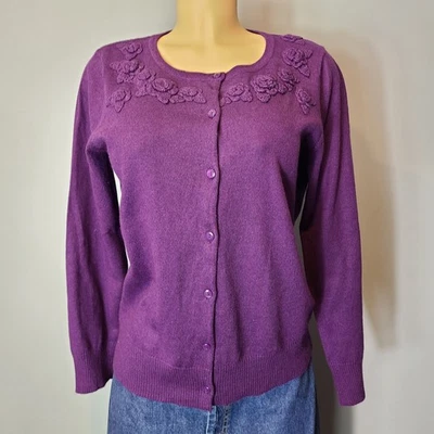 Cardigã suéter feminino vintage LL Bean tamanho médio roxo angorá casa de campo esqui parisiense - Imagem 1 de 4