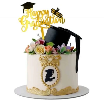 Топпер для торта Happy Graduation, черная и золотая шляпа и набор кисточок - Изображение 1 из 4