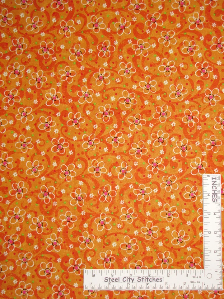 Daisy Flower Swirl Toss Orange Floral Cotton Fabric QT Pecking Order - Yard Foto 1 de 1