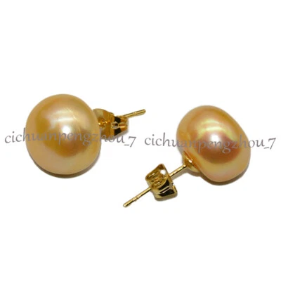 HUGE 13-14MM GENUINE SOUTH SEA PERFECT YELLOW PEARL STUD EARRINGS 14K GOLD AAA - Image 1 of 4