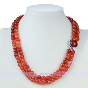 2 Layer Natural Red Agate Jade Necklace 20" Long 8mm Round Bead - Picture 1 of 3