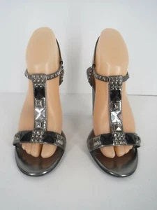 Prada Heels Sandal Sz 7 37 Silver Patent Leather Studded Jewel T-Strap Mary Jane - Picture 1 of 12