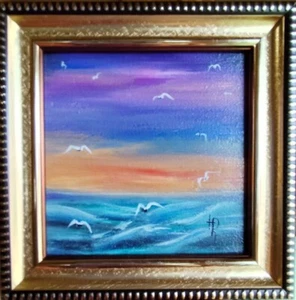 Dipinto ad olio, alba del mare, piccolo dipinto con cornice, gabbiani, onde, miglior regalo. - Foto 1 di 11
