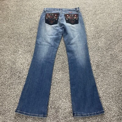 Винтажный Paco джинсы женщин 11 темно синий джинсовой ткани загрузки Расклешенный украшенный эластичной 90-х Y2K - Изображение 1 из 4