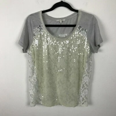 Miss Me Heather Gray Sequin Lace T-Shirt Short Sleeves Womens Size Small S - Image 1 of 4