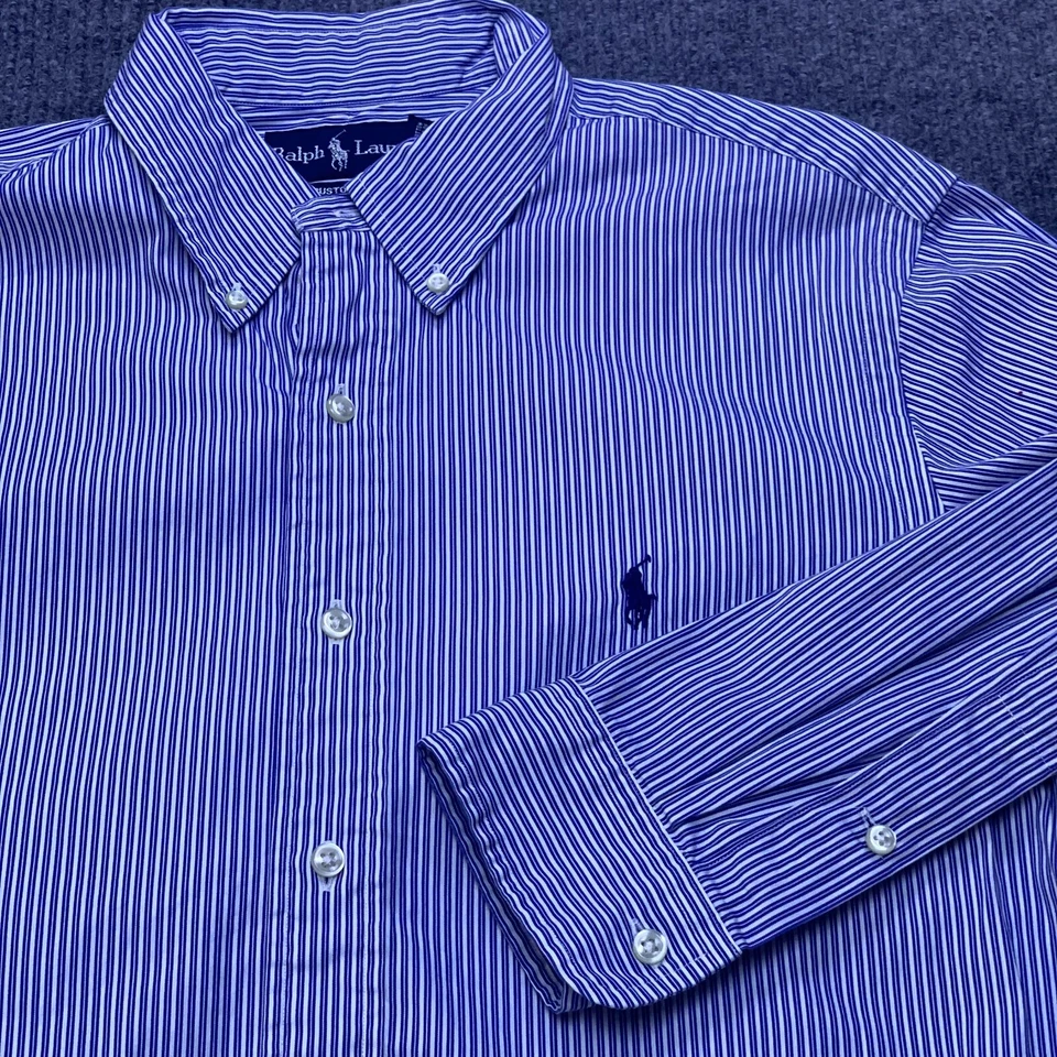 Camisa de vestir Ralph Lauren para hombre a rayas con botones 32x33 azul Academia Preppy Teach Foto 1 de 4