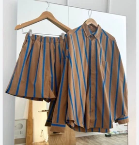 BLANCA Fleur Shirt shorts Set Brown Blue Stripe Button Down Size Xs/s NWT - Picture 1 of 11