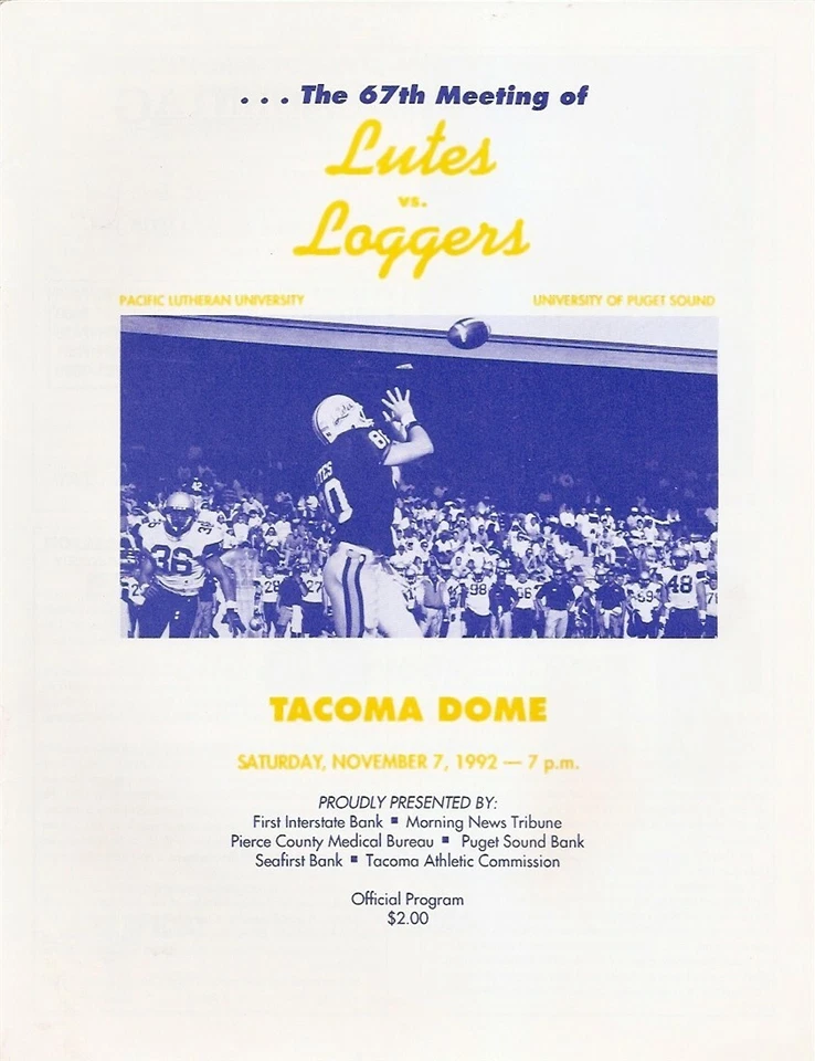 1992-11-7 Puget Sound UPS Loggers V Pacific Lutheran PLU Lutes Football Program - Image 1 of 1