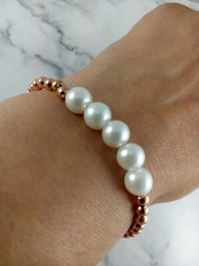 faux pearl and Rose Gold bracelet beaded 7" stretch Stacking trendy fun pretty - Picture 1 of 4