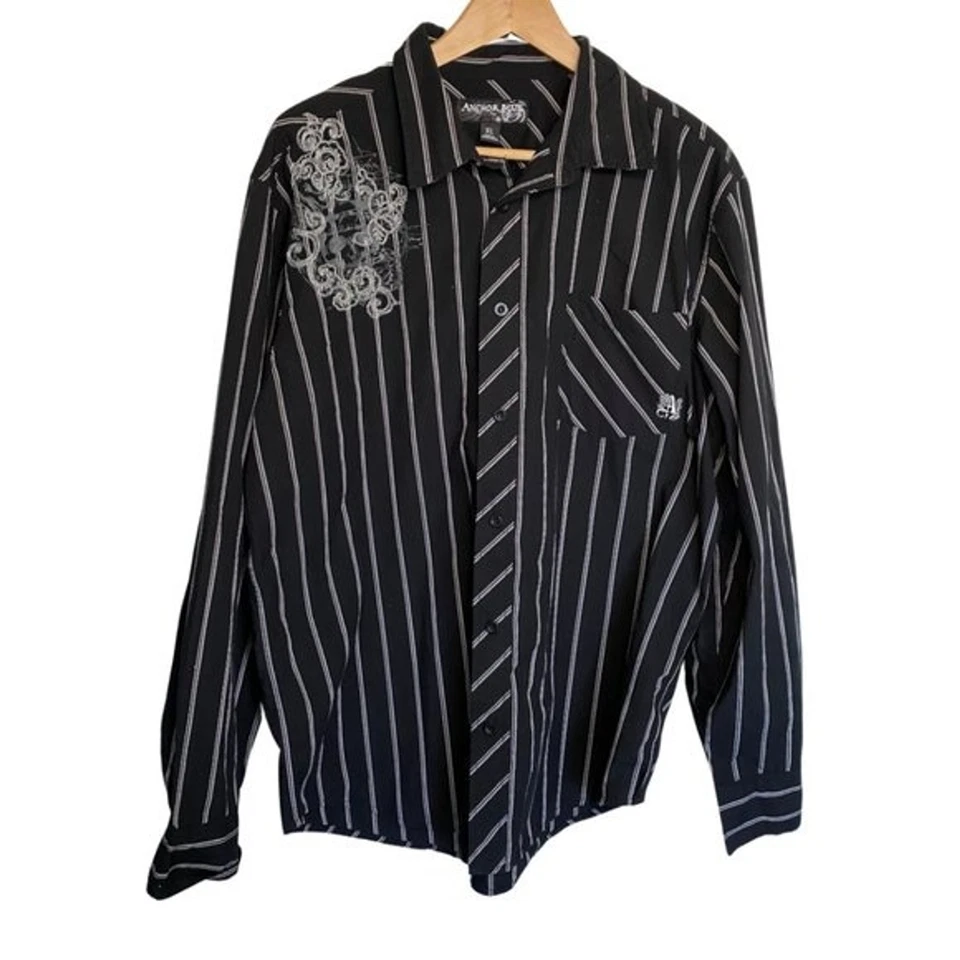 Camisa Anchor Azul Vintage Y2K Rayas Bordada Abotonada Para Hombre Talla XL Foto 1 de 4