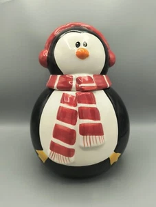 Christmas Holiday Ceramic Penguin Cookie Jar Red, White Scarf and Earmuffs 11.5" - Picture 1 of 9