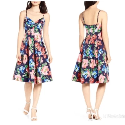 Vestido ELIZA J Talla 8 Azul Rosa Floral Midi Correa de Espagueti Ajuste y Acampanado Nuevo Foto 1 de 4