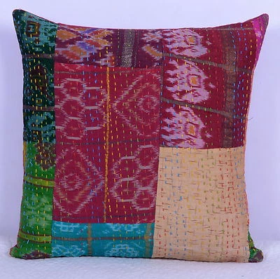 16" SILK KANTHA EMBROIDERED PATCHWORK PILLOW CUSHION COVER Throw Indian Decor - Image 1 of 4