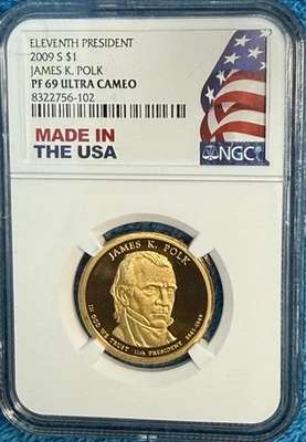 2009-S gem proof JAMES KNOX POLK Presidential dollar. NGC PF69 Ultra Cameo #q102 - Image 1 of 4