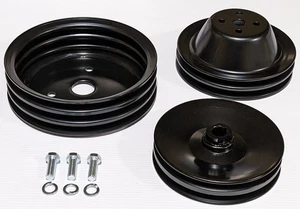 Chevy Short Water Pump Steel Pulley Kit SBC 2 Groove Upper & PS 3 Groove Lower - Picture 1 of 7