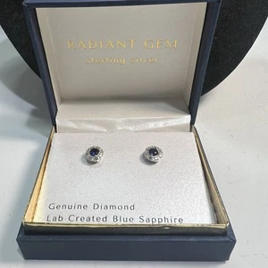 NEW Sterling Silver Lab-Created Blue Sapphire & Genuine Daimond Stud Earrings - Picture 1 of 5