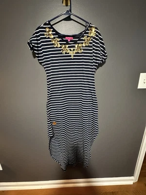 Simply Southern Navy White Striped T-Shirt Dress S • Gold Sequin Coastal Prepp - Image 1 of 4