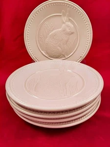 Set of 5 Pottery Barn EASTER BUNNY DEBOSSED Salad Plates White Embossed Bunny - Picture 1 of 7