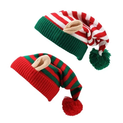Holiday Themed Knit Caps With striped Cheerful Winter Accessory Christmas Hats - image 1 of 4
