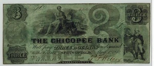 1862 Springfield Massachusetts THE CHICOPEE BANK $3 Obsolete Currency Spurious - Picture 1 of 2