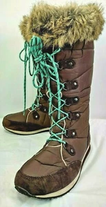 LL bean 284883 Women US8.5 Brown Nylon Tall Boots Lace Up Athletic Fur 1015 - Picture 1 of 10