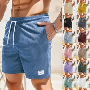 Mens Casual Solid Corduroy Beach Shorts Holiday Loose Drawstring Short Hot Pants - Picture 1 of 26