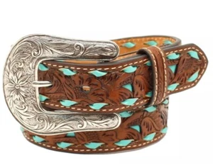 Nocona Western Girls Belt Youth Floral Pierced Laced Turq Undelay Sz. 28 - Picture 1 of 1