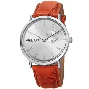 Akribos XXIV AK848SSBR Date Subdial Silvertone Brown Leather Strap Mens Watch - Picture 1 of 5