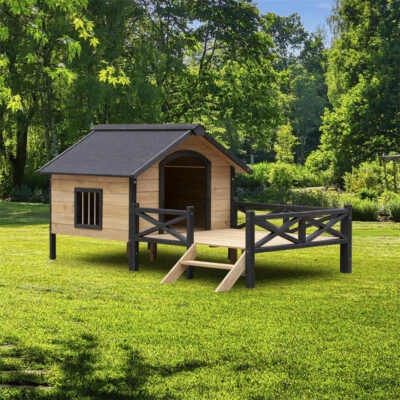 Outdoor Large Wooden Cabin House Dog Pet Kennel with Porch Easy To Assemble - Image 1 of 4
