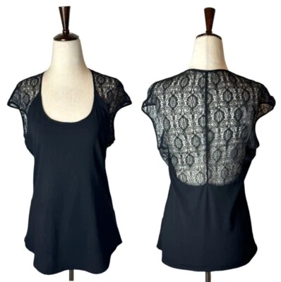 Helmut Lang Shirt Women Medium Black Lace Scoop Neck Cap Sleeve Whimsygoth Fairy - Image 1 of 4