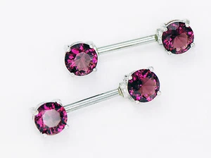 Pair 14g 9/16" Prong Set 7mm Rounded Purple CZ Nipple Rings Barbells - Picture 1 of 2