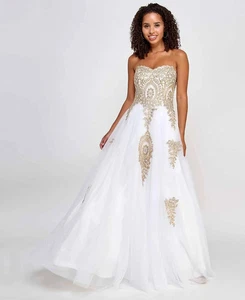 Say Yes Juniors' Strapless Embellished Ballgown Ivory/Gold Size 3/4 $199 - Picture 1 of 4