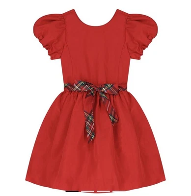 Vestido Polo Ralph Lauren Meninas 6 Xadrez Vermelho Manga Laço Puff Feriado Natal - Imagem 1 de 4