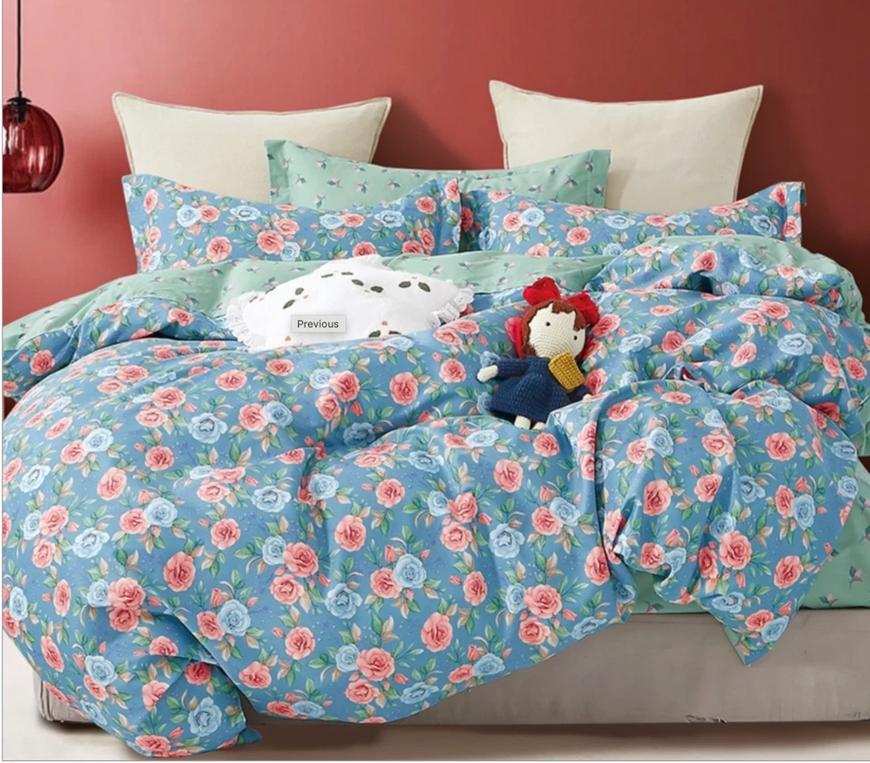 Juego de edredón reversible de algodón rosa azul Danubio floral Shabby Chic Cottagecore Foto 1 de 2