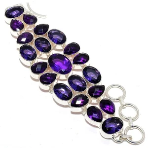 Natural Faceted Amethyst Gemstone 925 Sterling Silver Bracelet 7-8" R664 - Picture 1 of 6