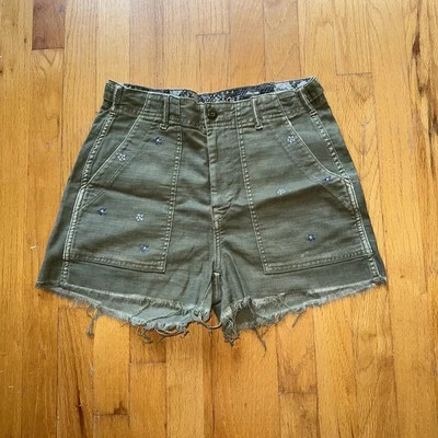 American Eagle Shorts High Rise Embroidered Floral Utility Raw Hem Boho Cottage - Image 1 of 4