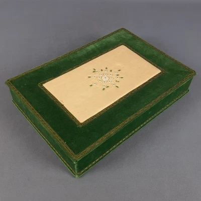 Vintage 1960 Green Velvet And Beige Fabric Covered Rectangular Box - Image 1 of 4