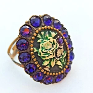 Michal Negrin Ring Purple Cameo Roses Large With Swarovski Crystals Gift Box 6 - Picture 1 of 12