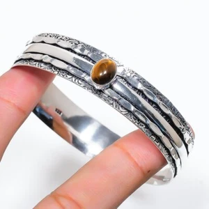 Tiger Eye Gemstone Handmade Gift 925 Sterling Silver Bangle 7-8" S712 - Picture 1 of 2