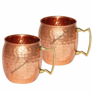 Hammered Copper Moscow Mule Drinking Mug Brass Handle Health Benefits Set of 2 - Picture 1 of 7