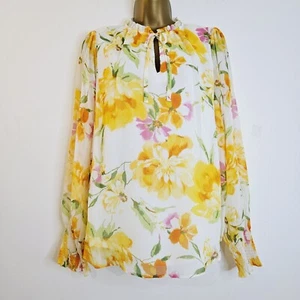 NEU Ex Dorothy Perkins 8-22 Blumenmuster Schlüsselloch Hals Chiffon weiß gelb Bluse Top