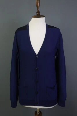 LANVIN 蓝色 100% 美利奴羊毛肘贴 V 领纽扣开衫毛衣 S 码 — 第 1/4 张图片