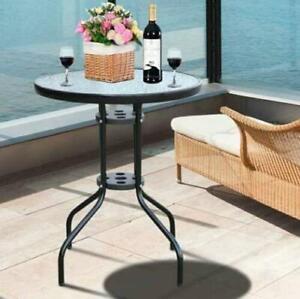 Garden Furniture Glass Top Round Table Patio Rattan Drinks Coffee Black