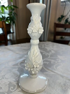TOZAI HOME Taper Candlestick Holder White Porcelain Flower Blossoms - Image 1 of 4