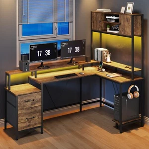 L Shaped Computer Desk with LED Lights,Drawers &Storage Cabinet Home Office Desk - Picture 1 of 32